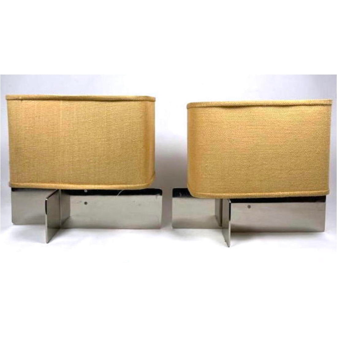 Modernist Heavy Stainless Steel Table Lamps. Table lamps with original burlap lamp shades. Attribute (1 of 12)