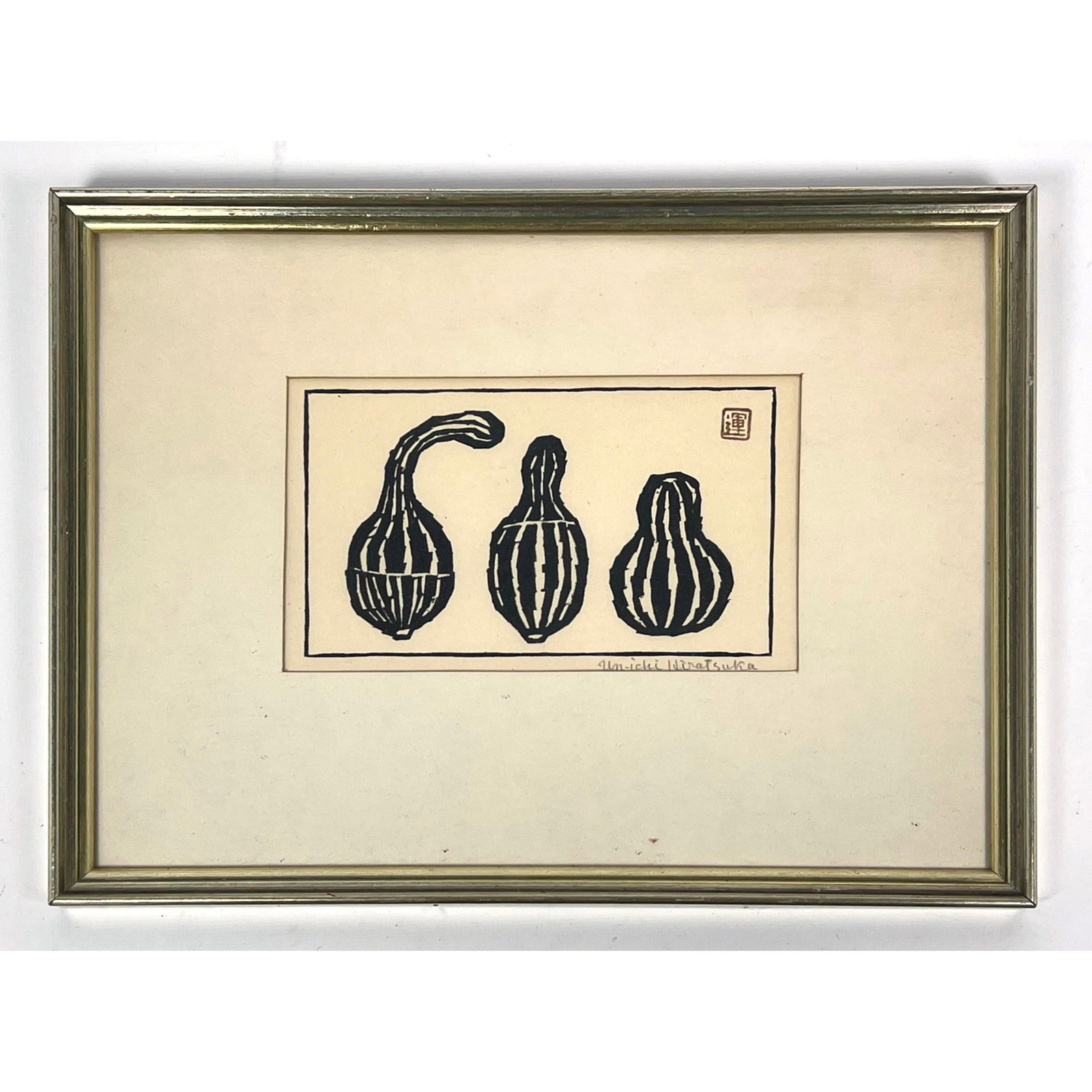 UN'ICHI HIRATSUKA Wood Block Print. Three gourds.: UN'ICHI HIRATSUKA Wood Block Print. Three gourds. Dimensions: Image Size: H: 4 inches: W: 6.5 inches: Frame Height: 9.5 inches: Frame Width: 12.75 inches --- US Packing and Shipping charge: In house s