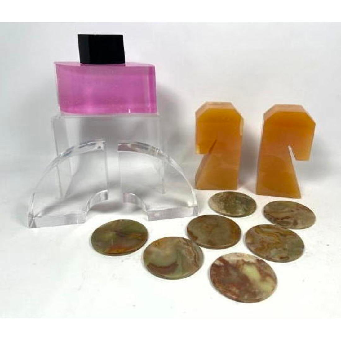 Mid Century Modern Lot. Pink Lucite Large Perfume Bottle form sculpture. Lucite Curved Bookends. Mar (1 of 15)