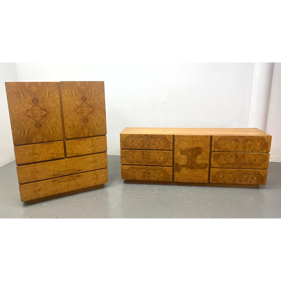 LANE American Modern Burl Wood Bedroom Set. High Chest and Low Dresser. (1 of 17)