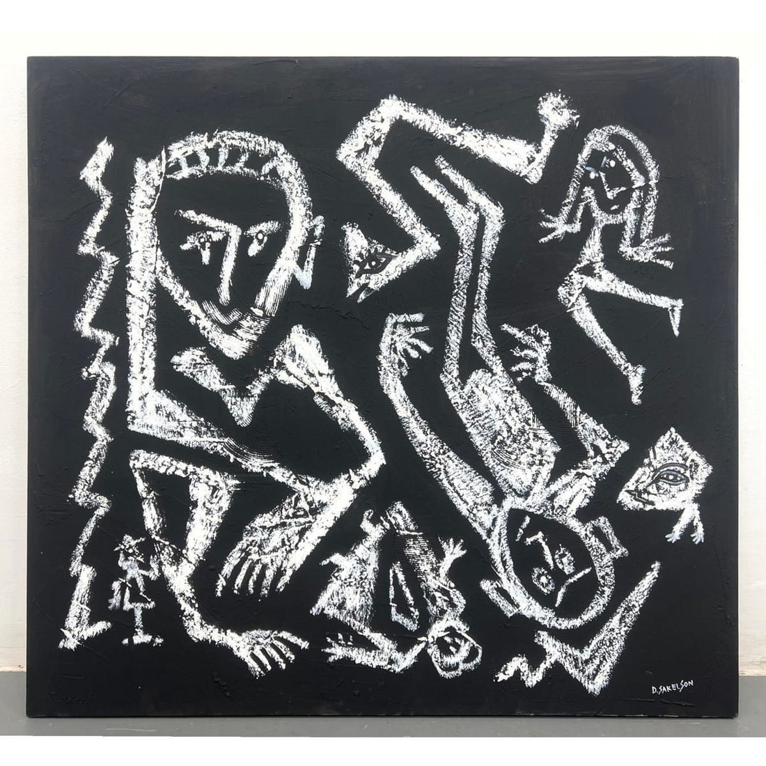 DENNIS SAKELSON Modernist Figural Painting. Chalkboard style imagery. Black background. Canvas. Sign (1 of 13)