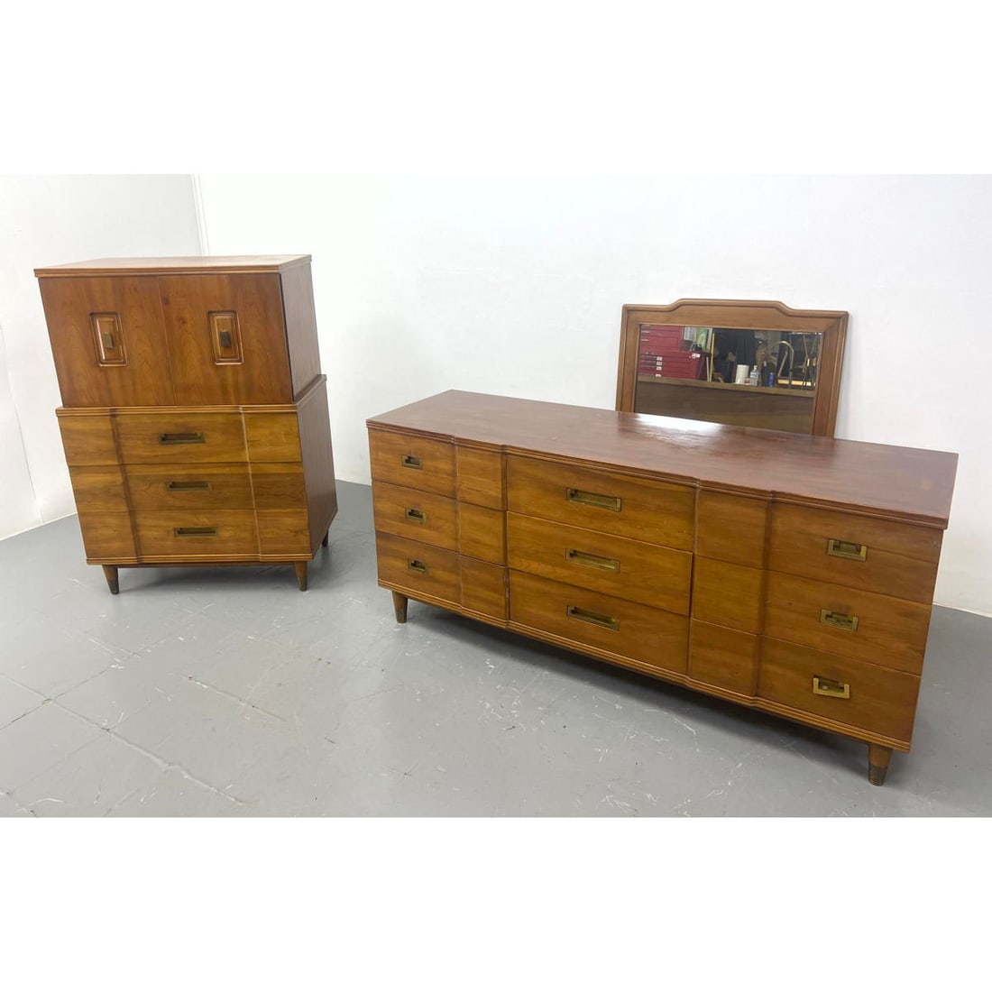 3pc JOHN WIDDICOMB American Modern Walnut Bedroom Set. Tall and Low Chest of Drawers and Mirror.  Dr (1 of 18)