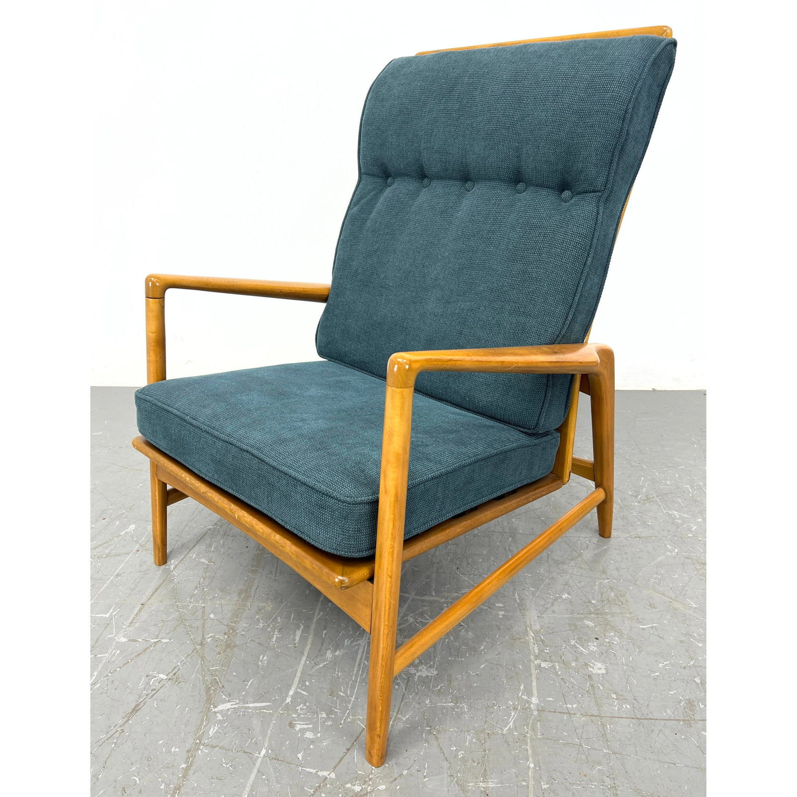 Kofod Larsen adjustable reclining back chair. Blond open arm frame.: Kofod Larsen adjustable reclining back chair. Blond open arm frame. Dimensions: H: 38.5 inches: W: 28.5 inches: D: 28 inches - Seat Height: 16.5 inches ---