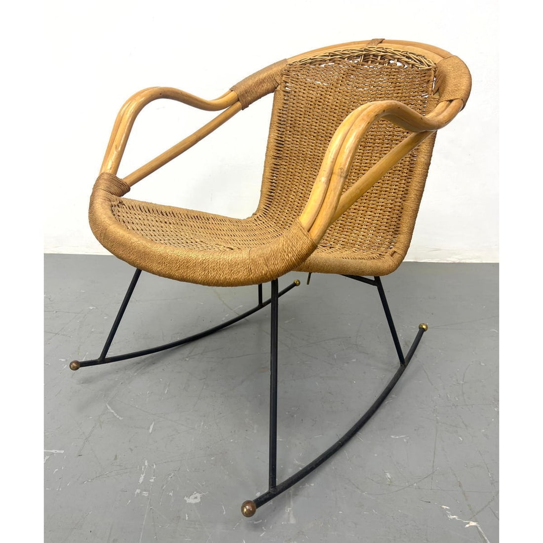 Danny Ho Fong style 1960s Vintage Mid Century Modern Wrought Iron Woven Wicker & Rattan Rocking Chai (1 of 14)