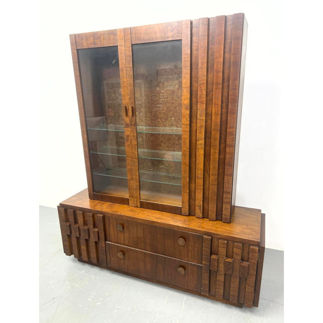 2 Part LANE American Modern Walnut Credenza China Cabinet. Sculptural Block Facade. LANE. (1 of 14)
