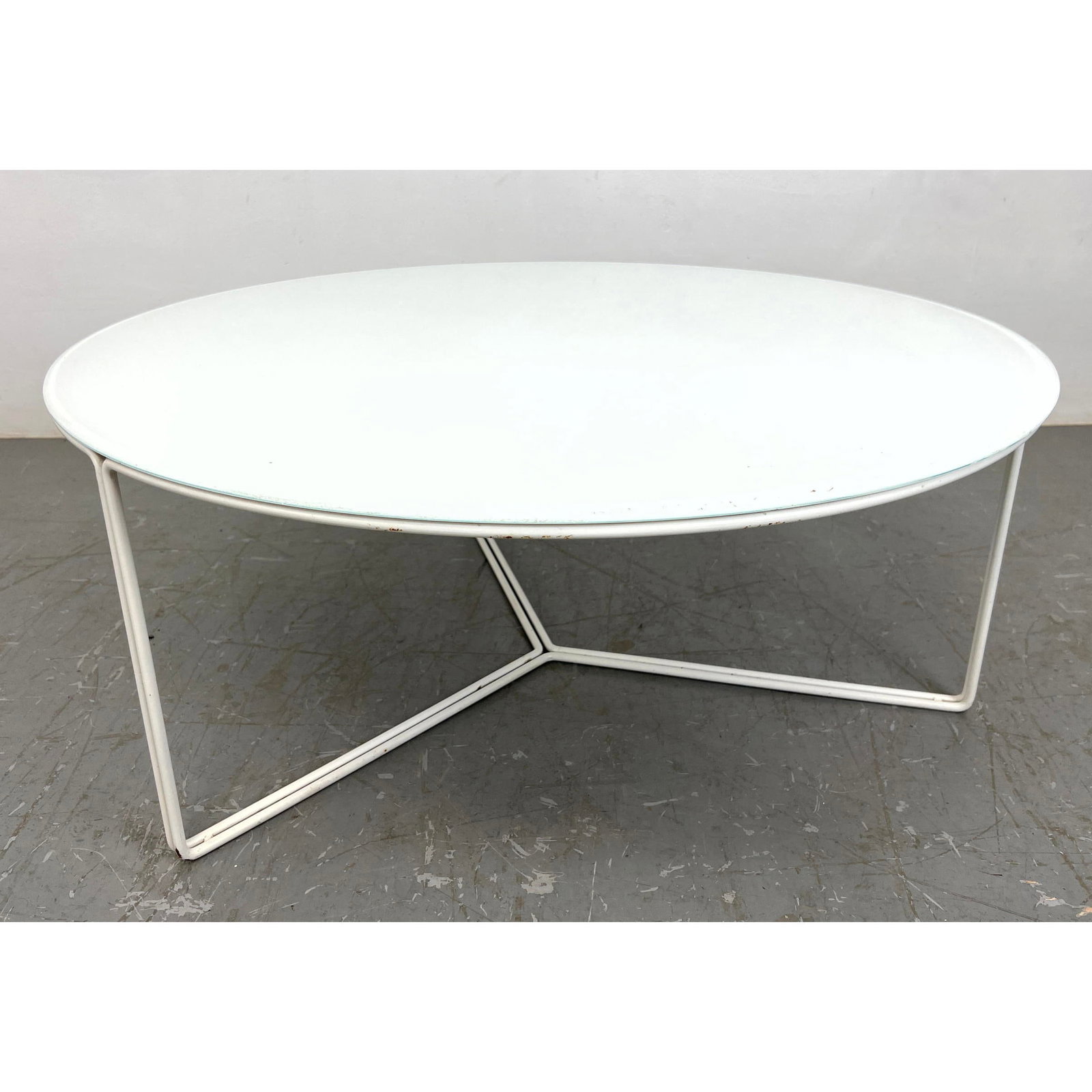 White Powder Coated Metal Round Glass Top Coffee Table. Tripod base with double metal rod frame. (1 of 7)