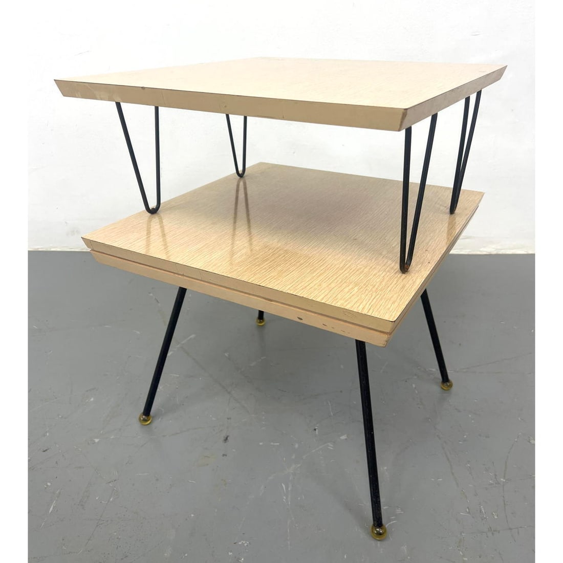 J. B. Van SCIVER Two Tier Side Table. Modernist Iron Hairpin Legs support two blond faux wood grain (1 of 15)