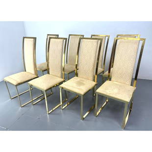 Set of 8 Heavy Brass Framed Tall Back Dining Chairs. In the manner of Michel Mangematin Solid brass: Set of 8 Heavy Brass Framed Tall Back Dining Chairs. In the manner of Michel Mangematin Solid brass Dimensions: H: 45.5 inches: W: 18 inches: D: 18.5 inches - Seat Height: 18 inches ---