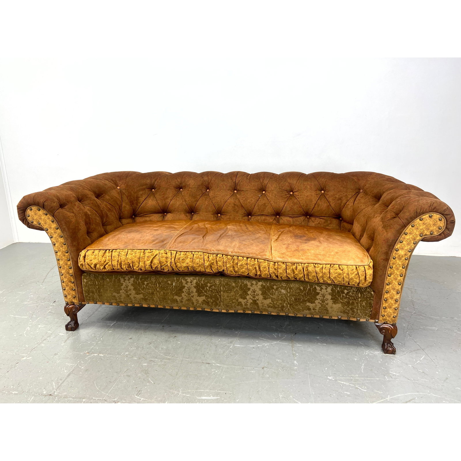 Jeff Zimmerman custom upholstered Chippendale style sofa. Upholstered in button back paisley fabric.: Jeff Zimmerman custom upholstered Chippendale style sofa. Upholstered in button back paisley fabric. cushion has a deep Burgundy velvet on one side and a brown leather on the reverse allowing it to by