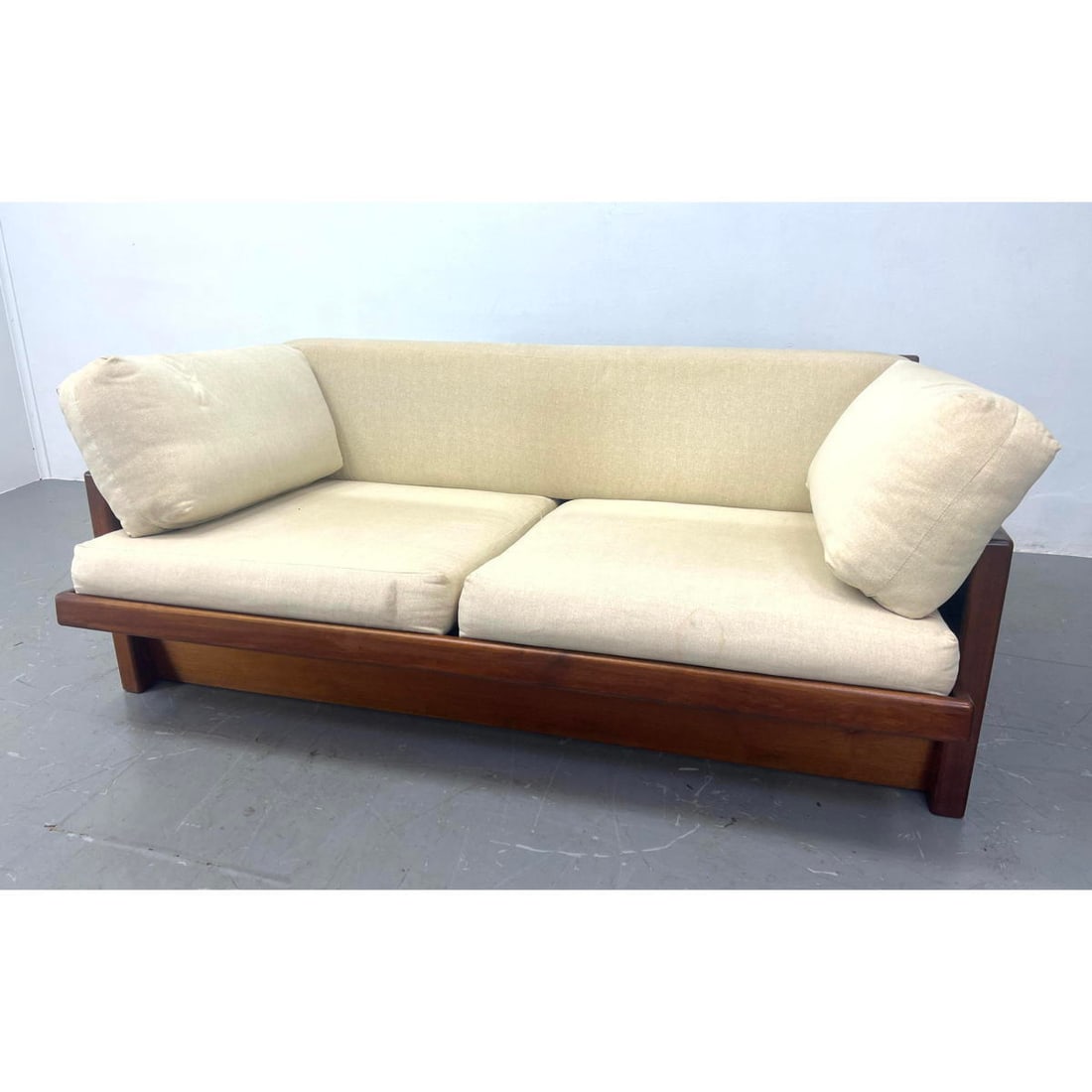 Danish Modern Teak Love Seat Sofa. Off white fabric cushions. (1 of 9)