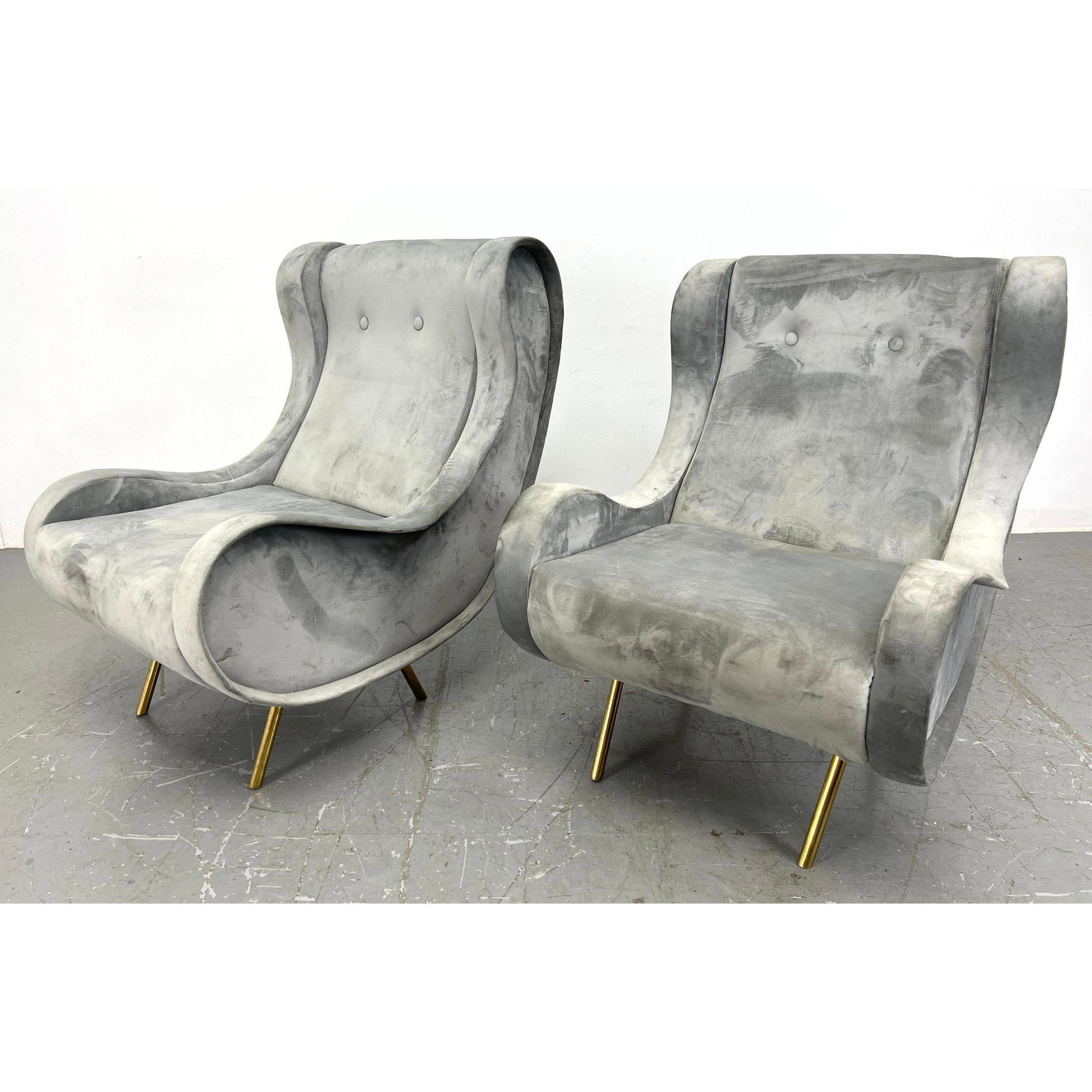 Pair Marco Zanuso Style Lady Chairs.  Gray Velvet and Brass Legs. New construction. (1 of 13)