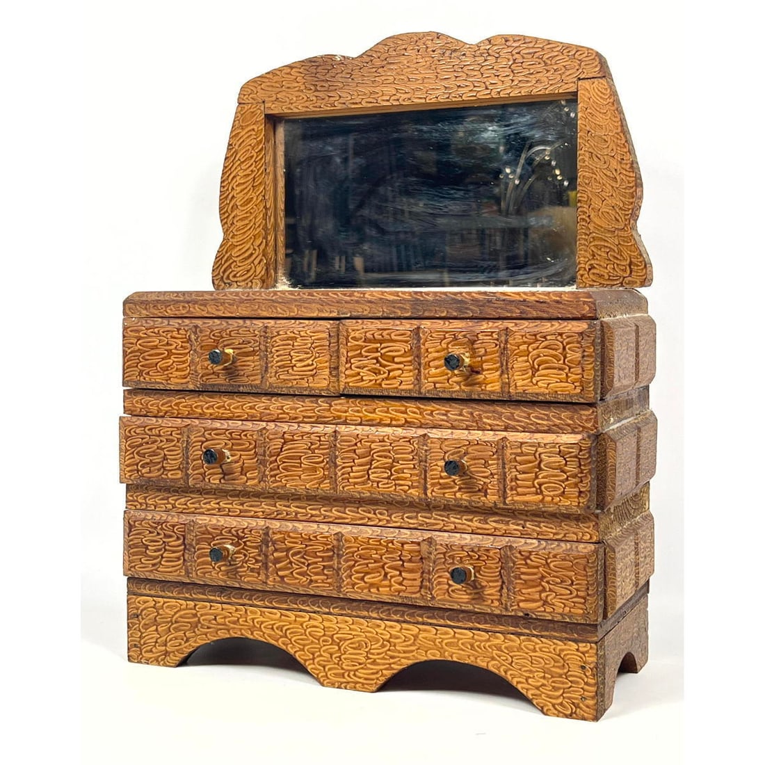 Folk Art Paint Decorated Miniature Dresser and Mirror. Hand painted surface with squiggle spaghetti (1 of 10)