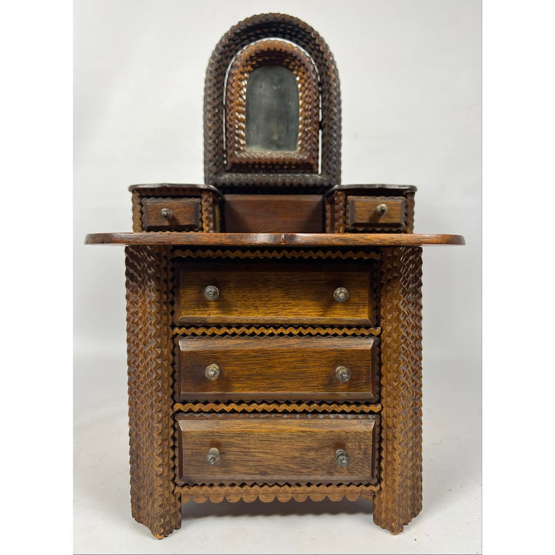 Miniature Furniture Tramp Art Dresser. Notched carved wood frames the cabinet case. Decorative arche (1 of 10)