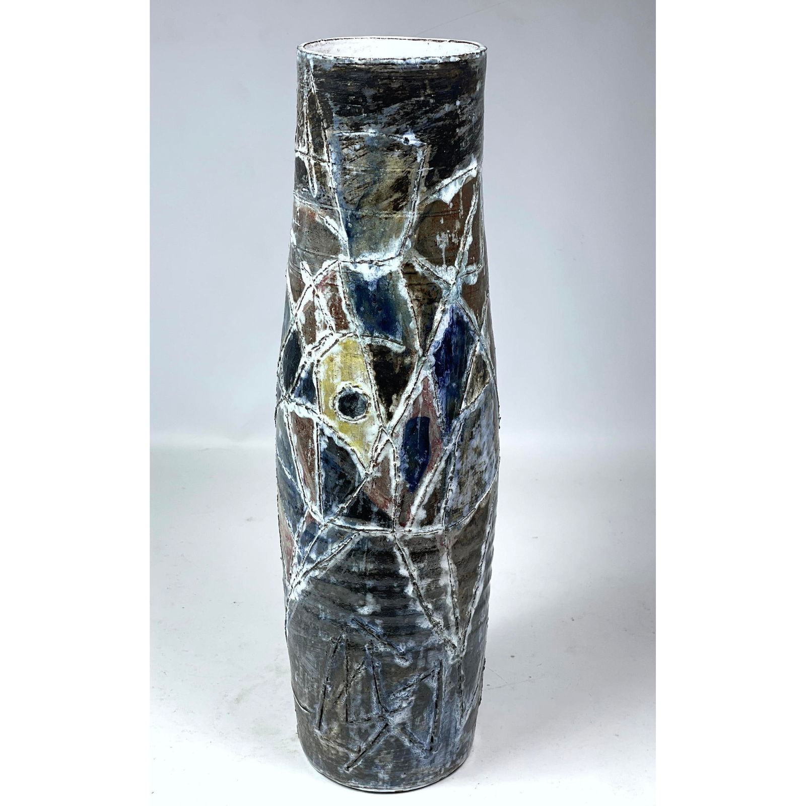 Mid Century Glazed Earthenware Studio Pottery Vase. 16" tall vase has incised design with colored gl (1 of 4)