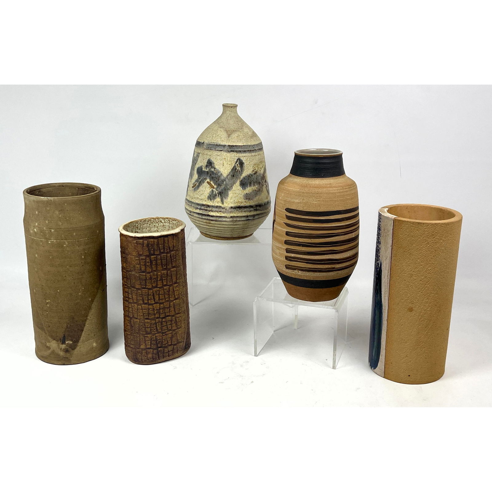 5pc Mid Century Studio Artisan Pottery Vases. Ceramic vessels. Most Artist Signed; see photos. (1 of 14)