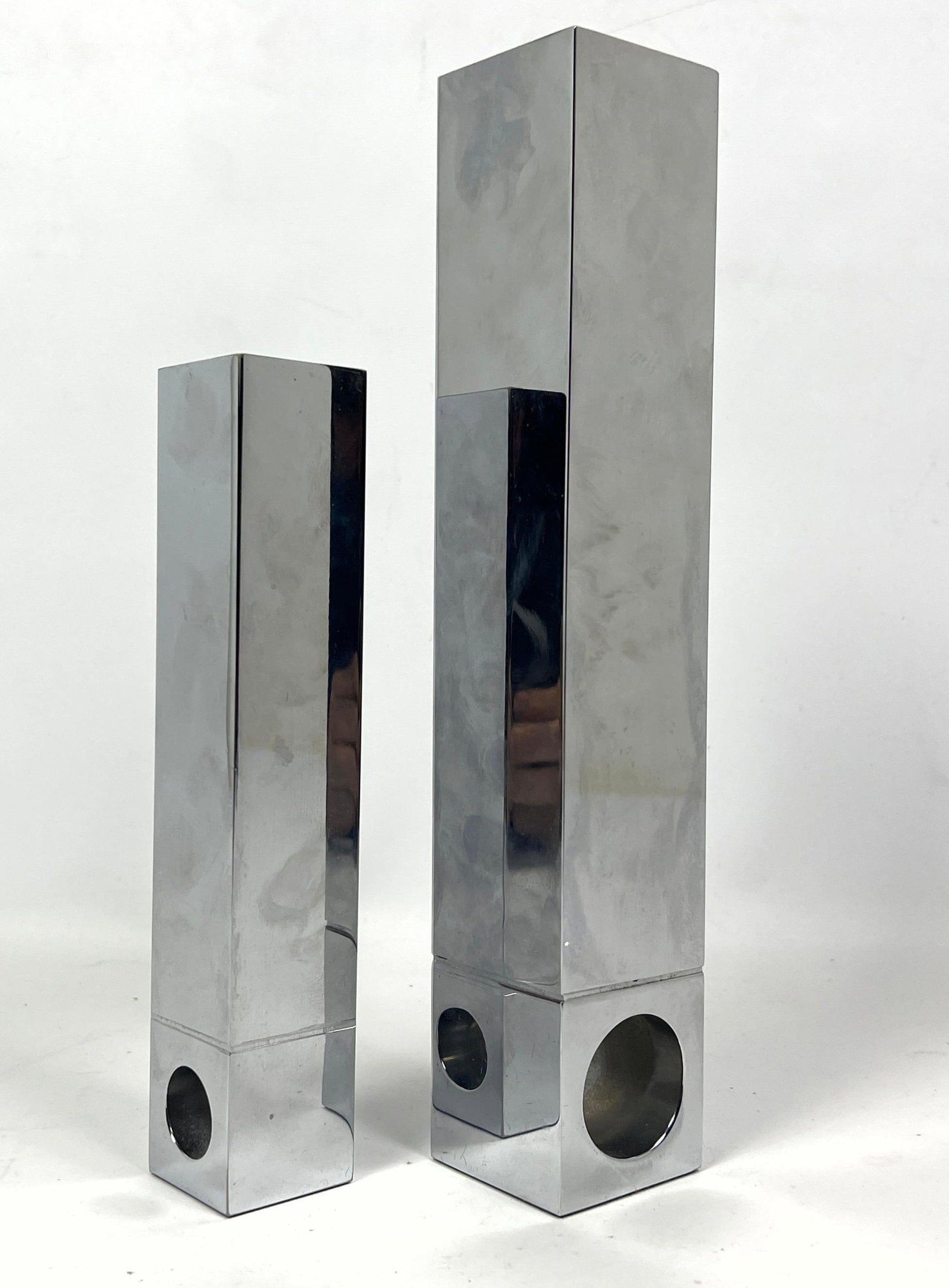 2pc Heavy Chrome Square Tube Vases. Dorothy Lerner. (1 of 9)