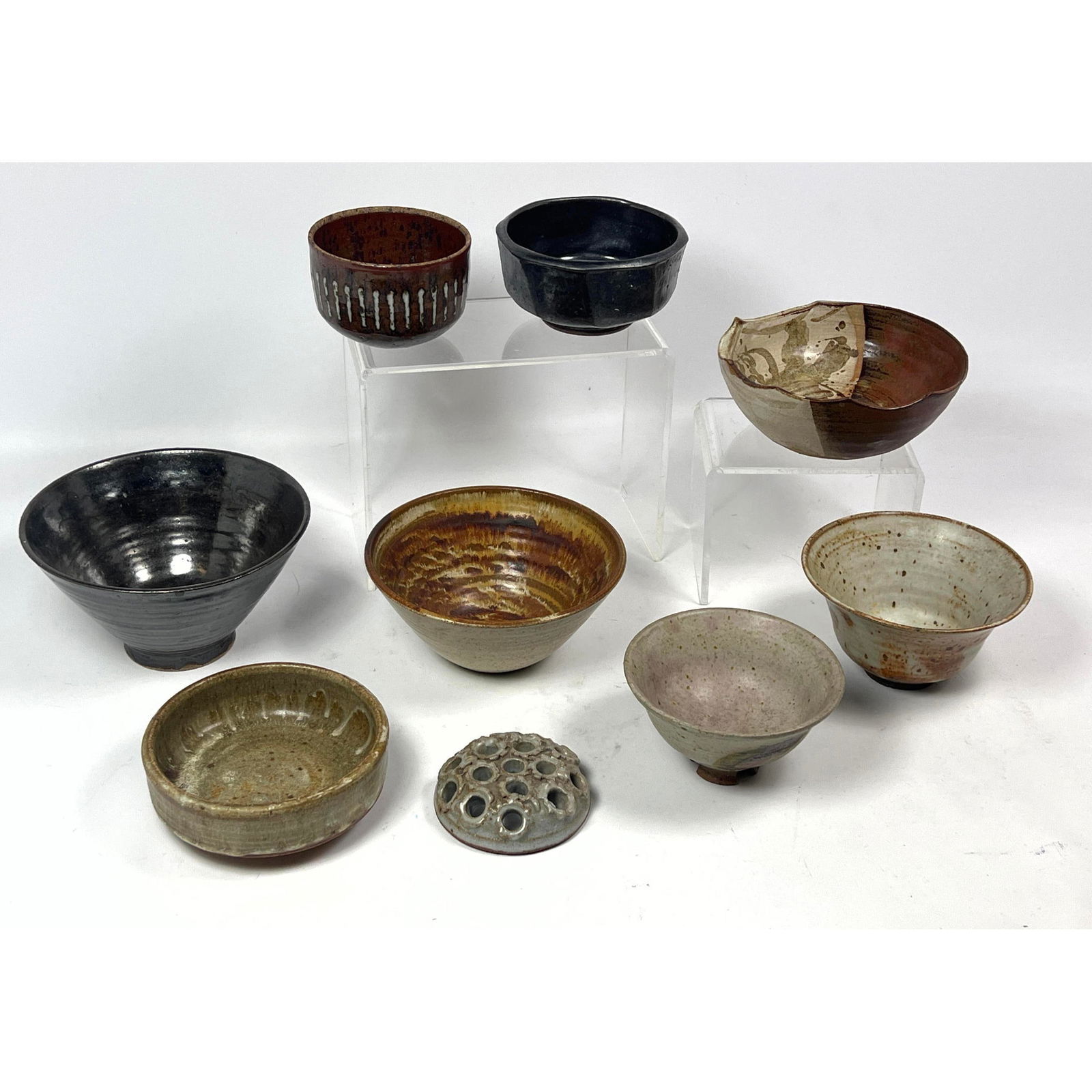 9pc Mid Century Studio Artisan Pottery Bowls, Flower Frog. Warm organic glazed ceramic vessels. Many (1 of 19)