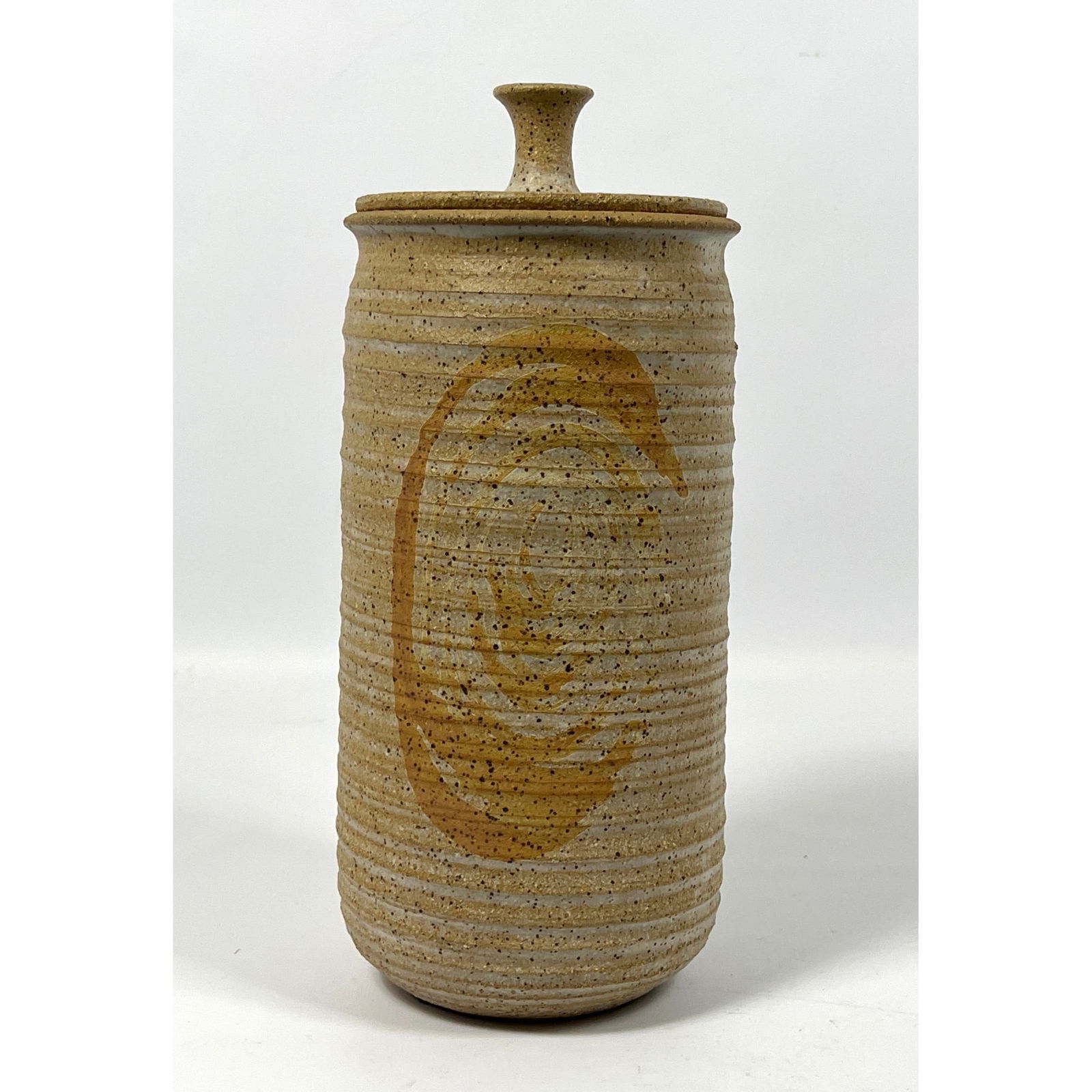 Tall Cylindrical Lidded Art Pottery Vessel. Wonderful deep blue interior glaze. Artist's cipher. (1 of 8)