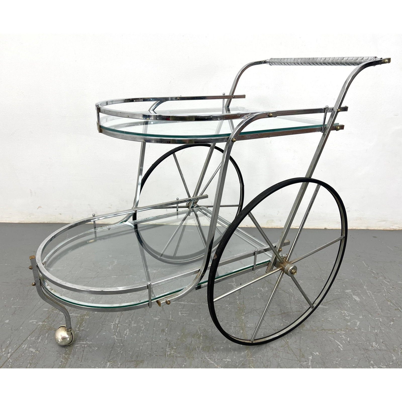 Chrome Framed Bar Cart Server with glass Shelves. Large wheel design.: Chrome Framed Bar Cart Server with glass Shelves. Large wheel design. Dimensions: H: 34.5 inches: W: 21.5 inches: D: 37 inches ---
