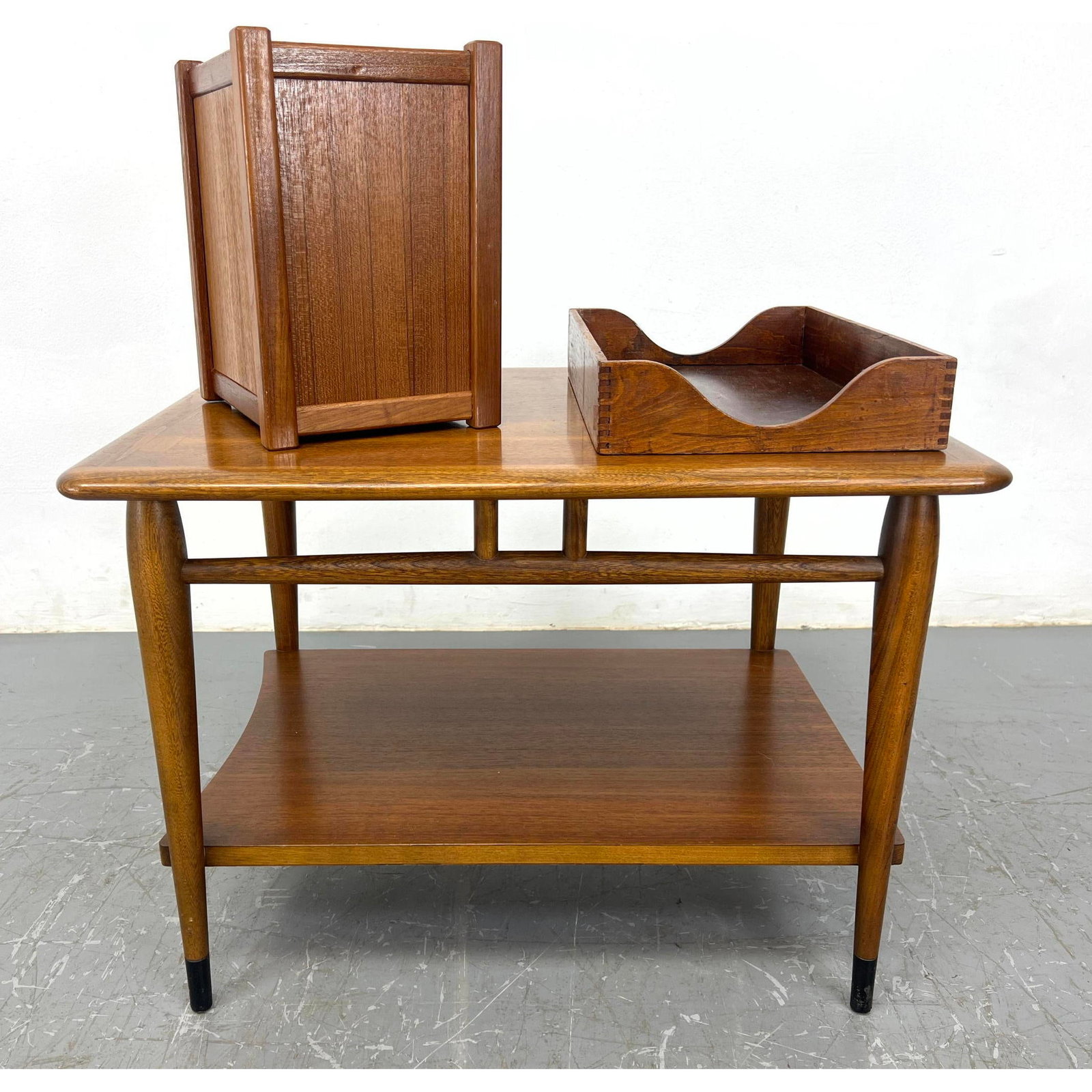 3pcs Mid Century Modern Furniture. Lane Acclaim side table. style 900-05. designed by Andre Bus and: 3pcs Mid Century Modern Furniture. Lane Acclaim side table. style 900-05. designed by Andre Bus and launched in 1958 as part of the Acclaim Collection. Also. a MCM Danish teak waste basket and paper t