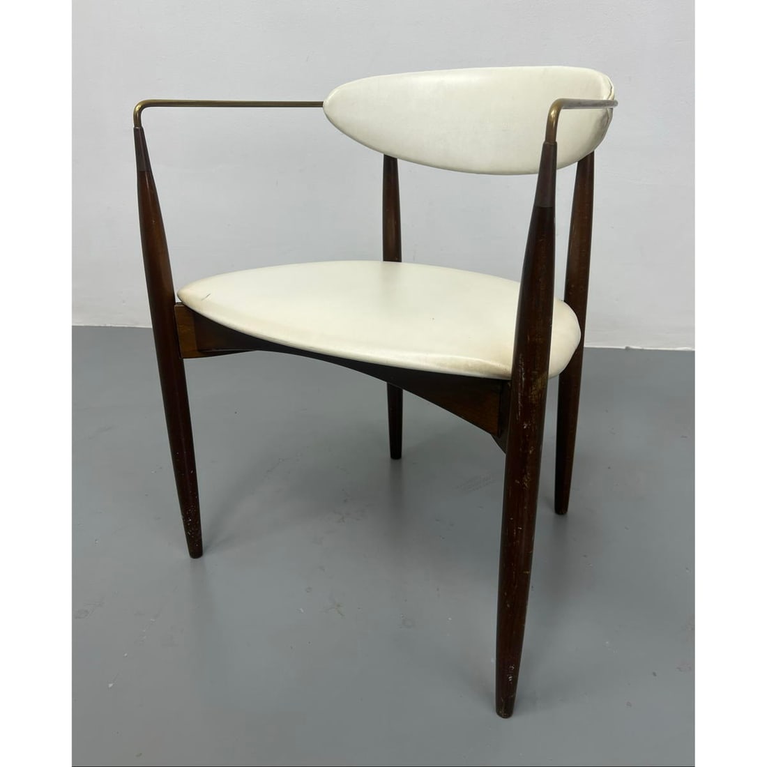 DAN JOHNSON Viscount Armchair Arm Chair. Dark stained wood with brass arms. White vinyl upholstery. (1 of 14)