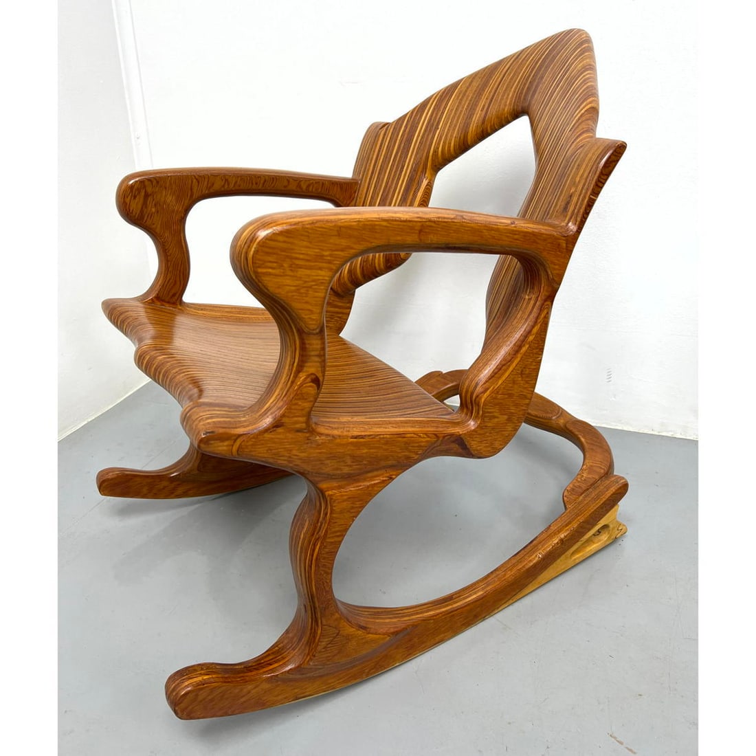 Signed Rocking Chair Studio Woodworker . Custom Hand Crafted Laminated Wood Frame. Flame Form Back. (1 of 9)