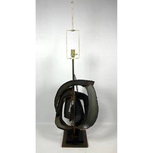 Large Harry Balmer brutalist iron framed lamp, torch cut. Laurel.: Large Harry Balmer brutalist iron framed lamp, torch cut. Laurel. Dimensions: H: 46 inches: W: 15 inches: D: 11 inches ---