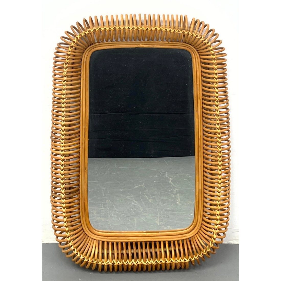 Large Modernist Rattan Frame Wall Mirror. Rounded open cage form rattan frame. (1 of 6)