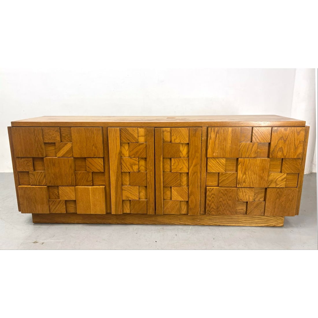 LANE Sculpted Front Oak Credenza Sideboard. Brutalist Wood Block Front. 'Staccato' Model. Marked (1 of 17)