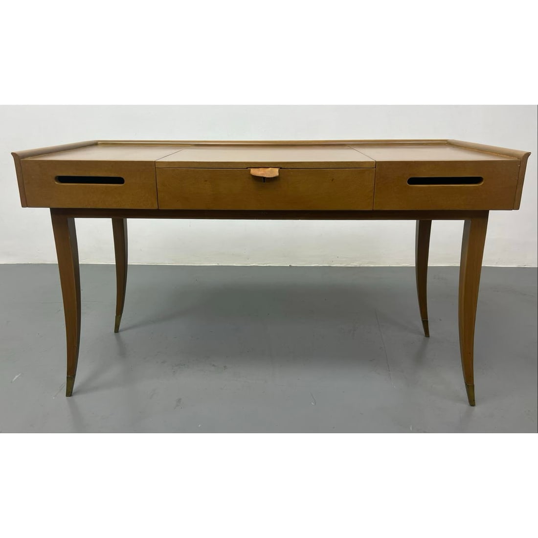 TOMMI PARZINGER Writing Desk. Elegant flared legs. Sliding top. Leather pull. Top slides forward to (1 of 14)