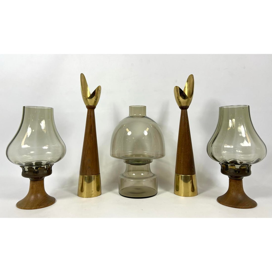 Danish Modern Scandinavian Teak, Gray Glass Hurricane Lights. Mid Century Brass and Wood Candleholde (1 of 15)
