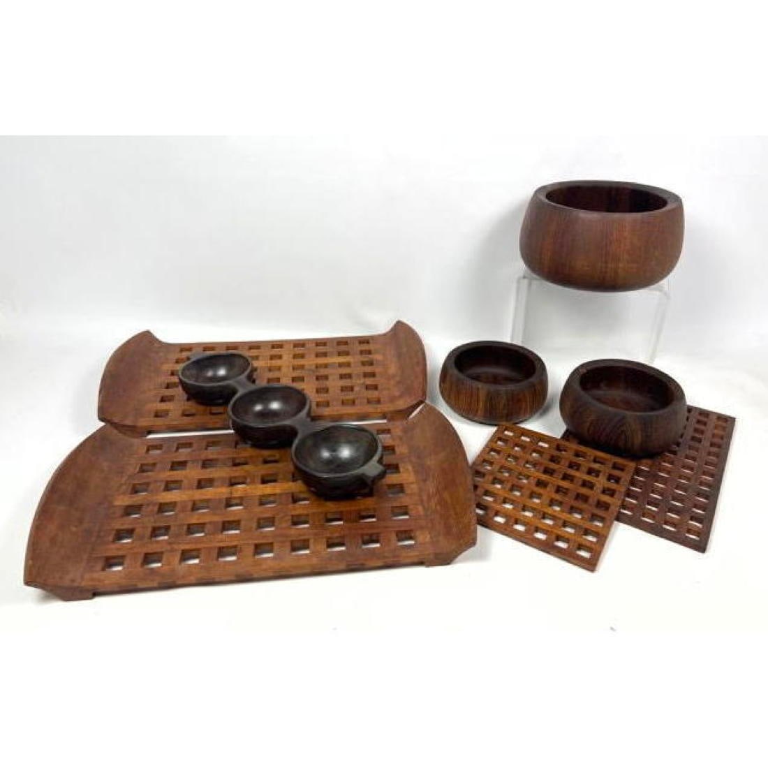 Mid Century Modern Wooden Tablewares. Dansk Trays, Brazilian rosewood three bowl server, Lunning col (1 of 19)