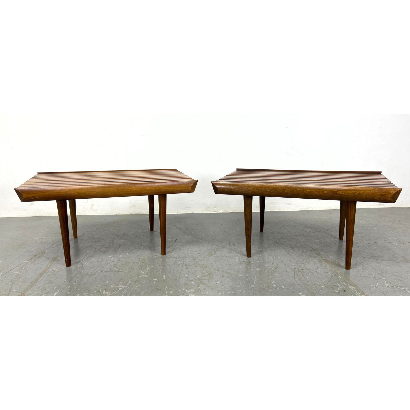 Pair American Modern Slat Bench Side Tables.  Tapered legs. (1 of 10)