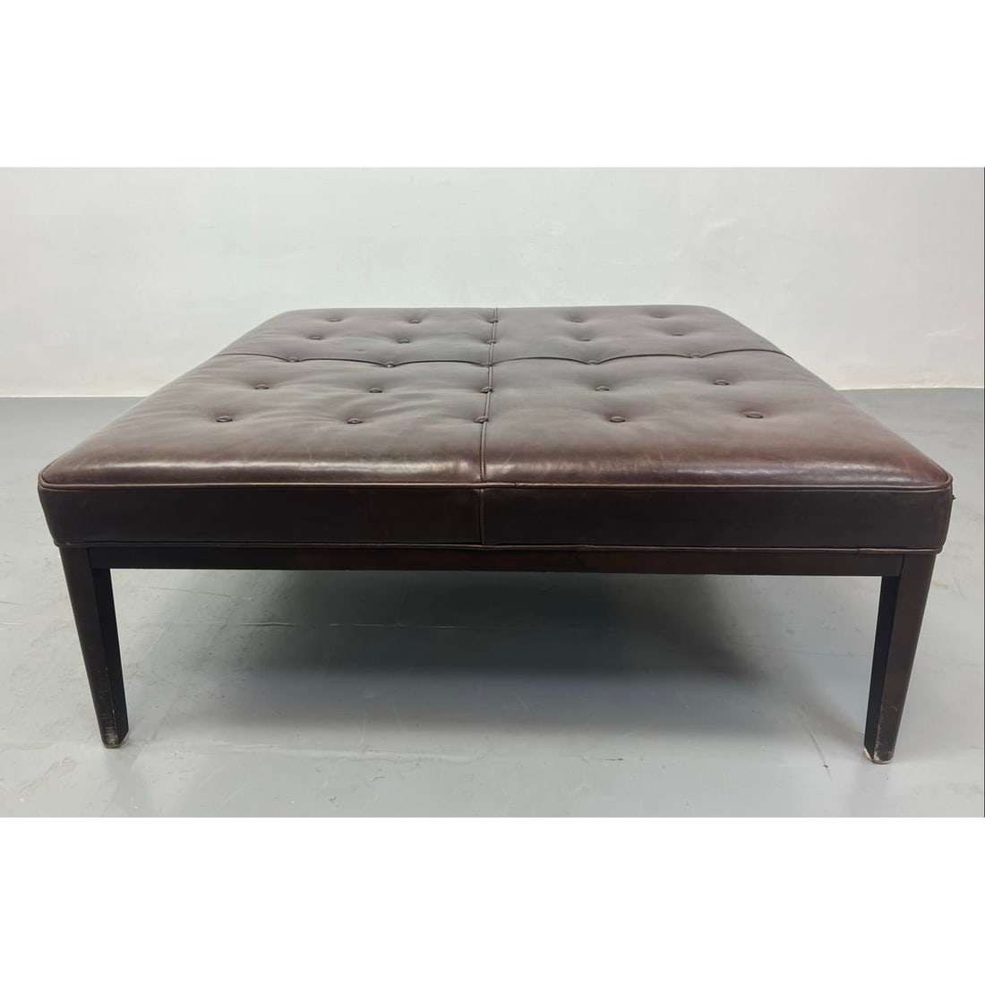MITCHELL GOLD, BOB WILLIAMS Leather Bench. Oversized square tufted leather bench footstool. Label (1 of 12)