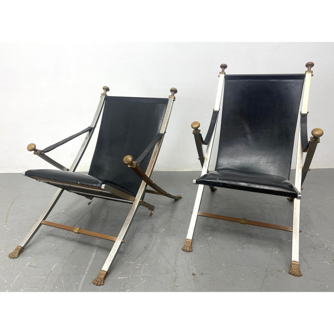 Pair Italian Maison Jansen Style Lounge Chairs. Collapsable Chrome and Brass Campaign Leather Lounge (1 of 16)