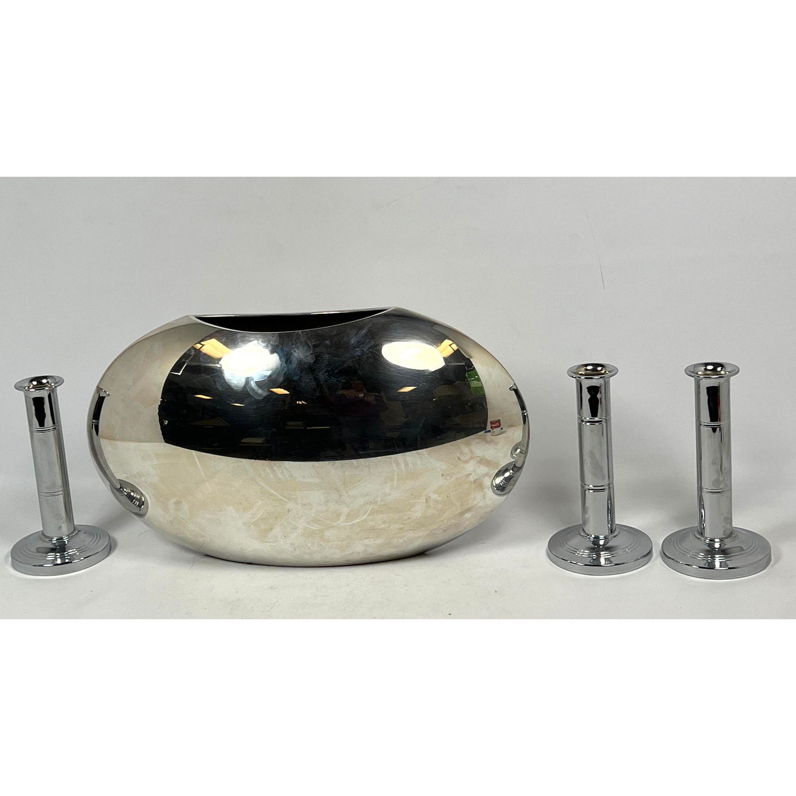 Chrome Tableware Lot.  Large Vase and 3 Hellem France Candle Sticks. (1 of 10)
