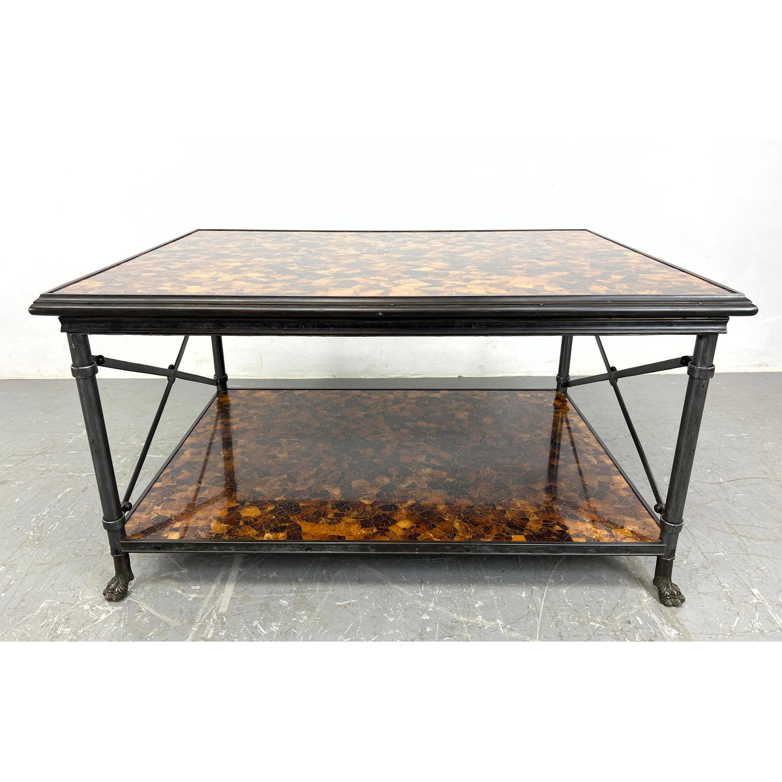 Decorator Crackled Faux Tortoise 2 Level Table. "X" Metal Sides. Paw Feet. Maitland smith style. (1 of 12)