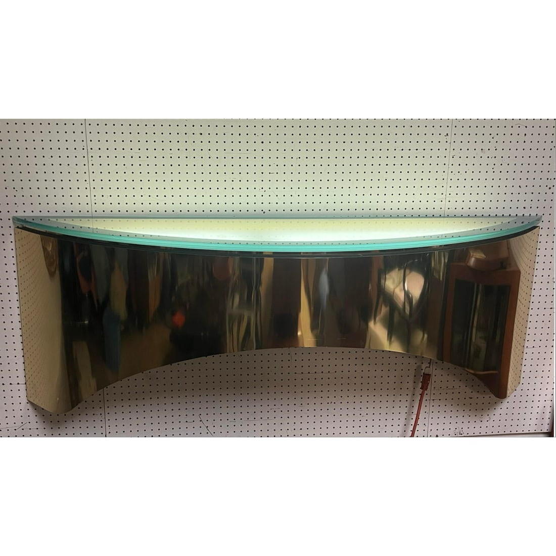 Karl Springer style Brass and Glass Wall Shelf. Semi Circular brass form supports Frosted glass top. (1 of 11)