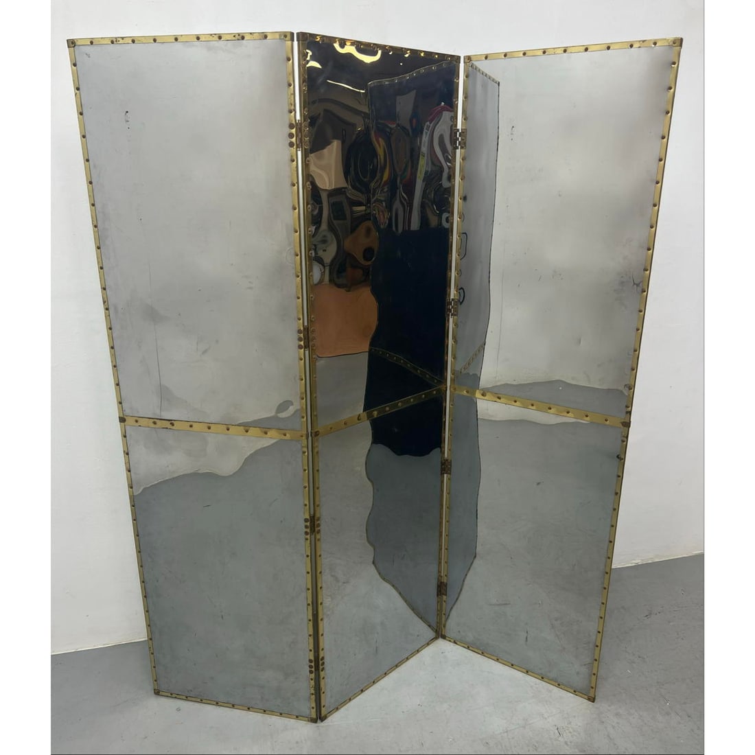 Chrome and brass trim 3 panel room divider screen. Trunk form studs. (1 of 9)