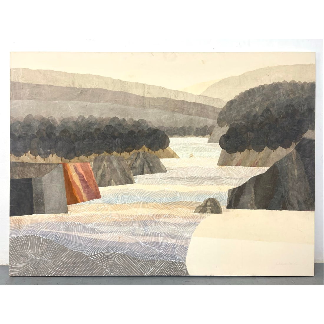 Large Modernist Landscape Painting. Lake with coastal cliffs and mountains. Signed illegibly L/R; OK (1 of 9)