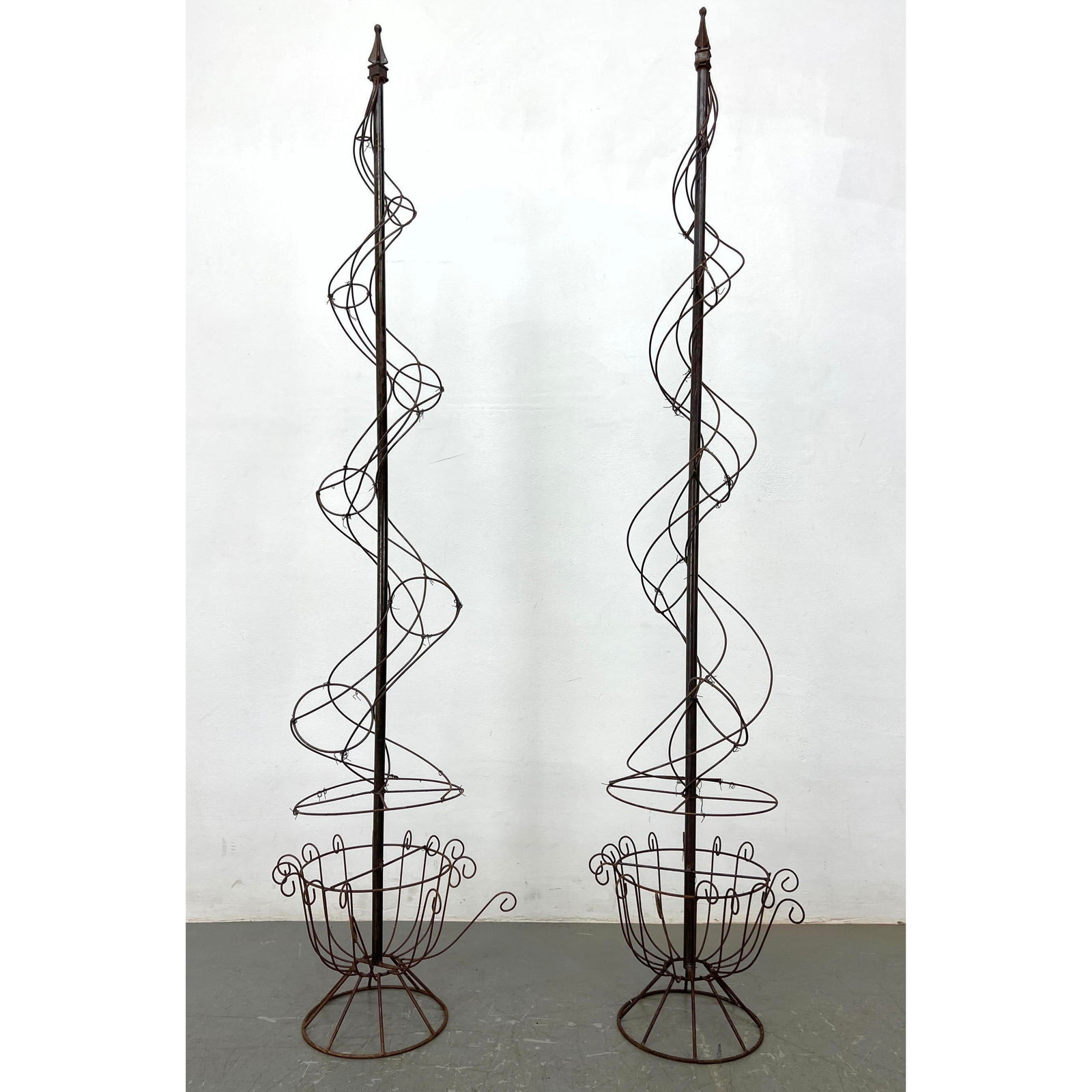 Pr Iron and Metal 6 foot Tall Garden Topiaries. Twisted spiral form in planter style cage. (1 of 12)