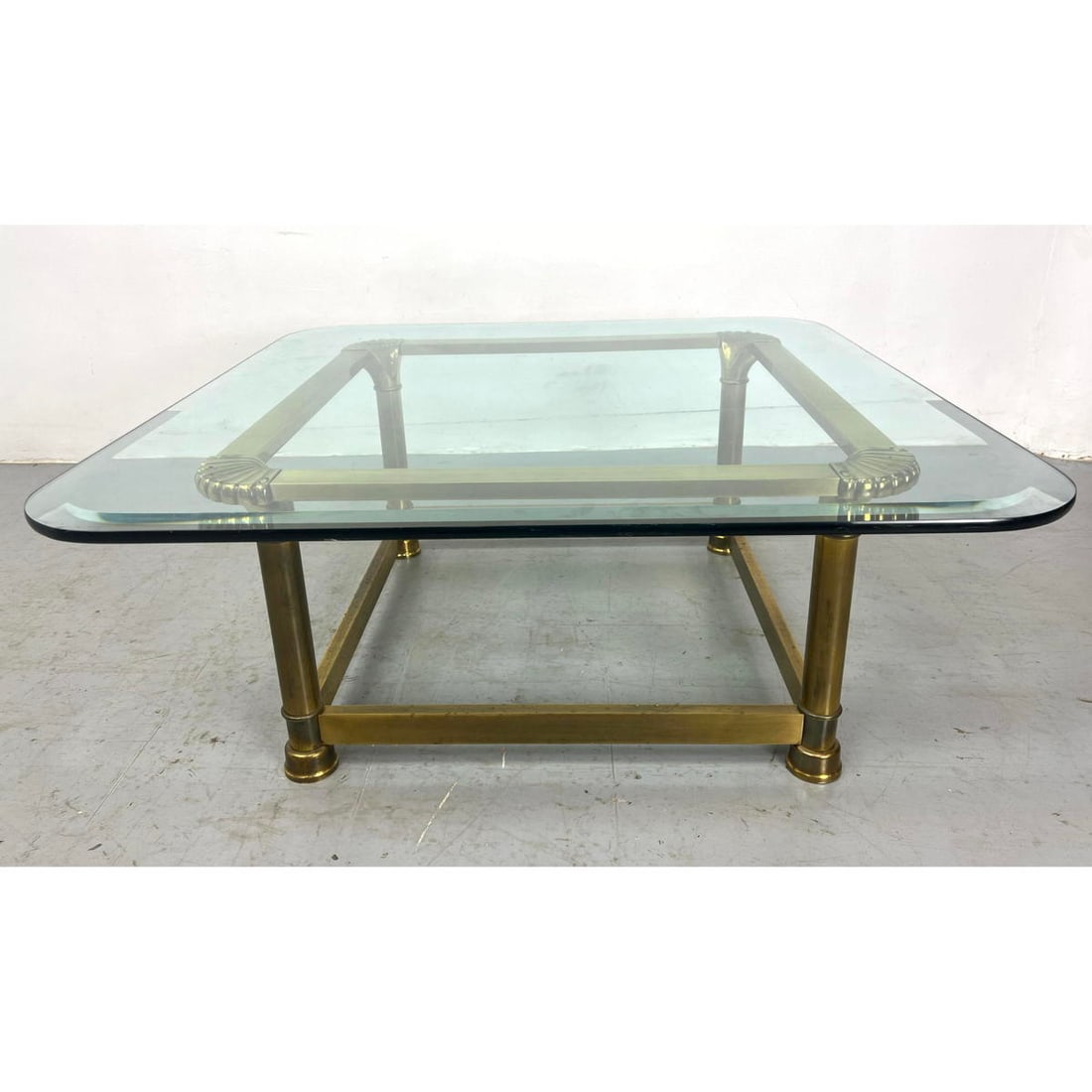 Heavy Brass Base Glass Top Cocktail Coffee Table. Ribbed corner details. (1 of 6)