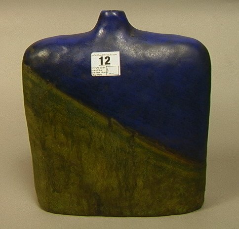 FANTONI Italian Pottery Pillow Form Vase. Green &: FANTONI Italian Pottery Pillow Form Vase. Green & blue matte glaze pillow vase. Signed Fantoni for Raymor, Italy.-- Dimensions: H: 10 inches: W: 9 inches: D: 3 inches --- US Shipping charge: $28