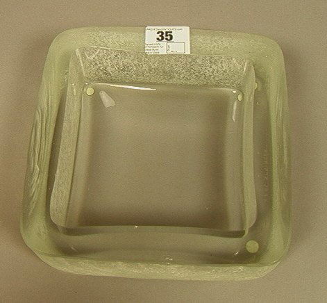 Signed KARL SPRINGER Art Glass Bowl. Heavy glass: Signed KARL SPRINGER Art Glass Bowl. Heavy glass square bowl with textured antique finish exterior. Engraved signature. -- Dimensions: H: 2.75 inches: W: 7.25 inches --- US Shipping charge: $28
