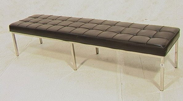 Decorator KNOLL Style Long Bench. Tufted black le: Decorator KNOLL Style Long Bench. Tufted black leather cushion on squared tubular chrome base. BRUETON. -- Dimensions: H: 15.5 inches: D: 19 inches: L: 72.5 inches ---