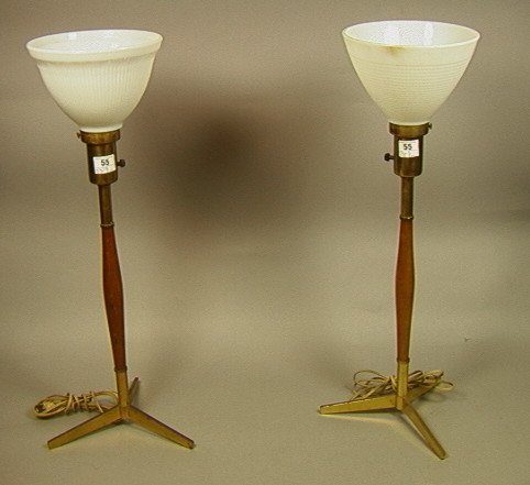 PR PAUL McCOBB style Table Lamps. Brass Tripod B: PR PAUL McCOBB style Table Lamps. Brass Tripod Bases with swollen walnut columns. Brass caps.-- Dimensions: H: 25.5 inches: W: 10 inches ---