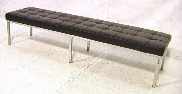 Decorator KNOLL Style Long Bench. Tufted black le: Decorator KNOLL Style Long Bench. Tufted black leather cushion on squared tubular chrome base. BRUETON. -- Dimensions: H: 15.5 inches: D: 19 inches: L: 72.5 inches ---
