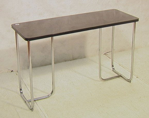 HOFFMAN style Art Deco Chrome Table. Thick Black: HOFFMAN style Art Deco Chrome Table. Thick Black Lacquer table top on chromed tube legs. Marked RoyalChrome, Royal Metal Mfg. -- Dimensions: H: 29.5 inches: W: 48 inches: D: 18.5 inches ---
