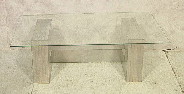 70's Modern PAUL EVANS Style Cocktail Table. Alum: 70's Modern PAUL EVANS Style Cocktail Table. Aluminum base with 1/4" glass top coffee table.-- Dimensions: H: 15.25 inches: W: 50 inches: D: 30 inches ---