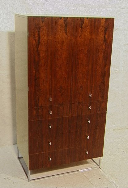 ROUGIER Rosewood Dresser Cabinet. Milo Baughman s: ROUGIER Rosewood Dresser Cabinet. Milo Baughman style. Two large doors over five drawers. Chrome square pulls and legs. Painted light green side panels. Marked Rogier.-- Dimensions: H: 64 inches: W: 3